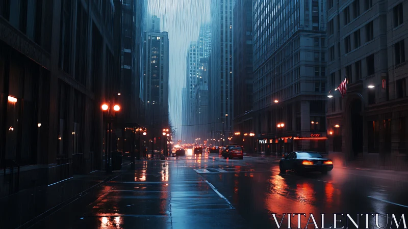 Rain-soaked downtown street glowing with quiet city light.