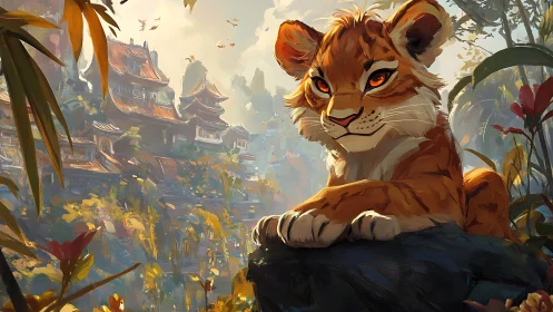 Leonine Sentinel in Architectural Landscape: Digital Rendering.