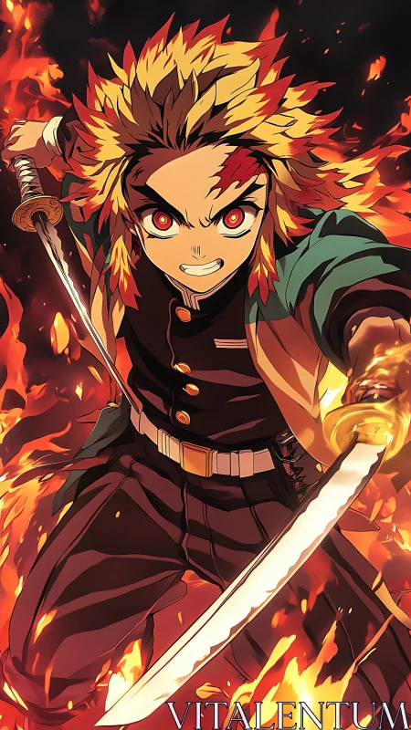 Blazing young warrior charging through a river of fire.