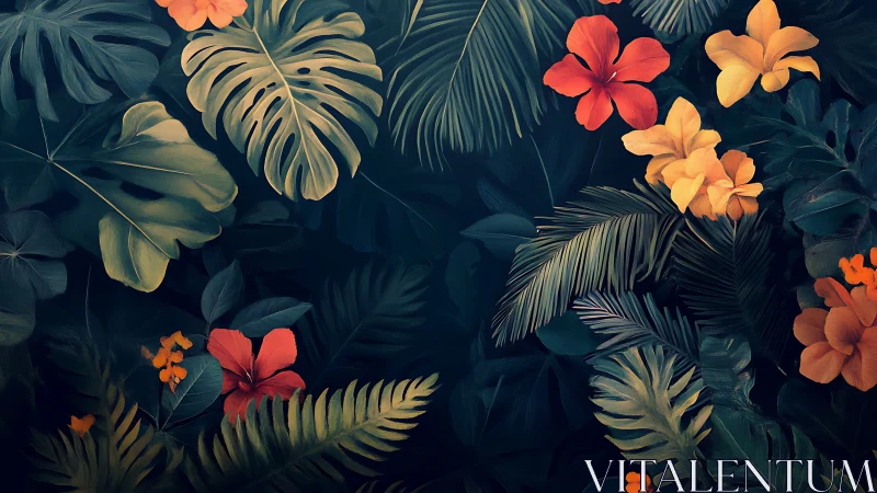 Lush tropical leaves and glowing hibiscus blooms at dusk.