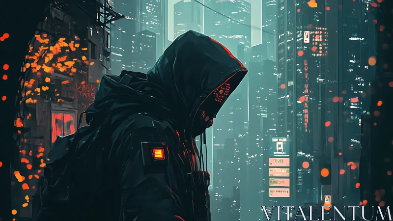 Neon hooded hacker wandering through ember lit megacity night.