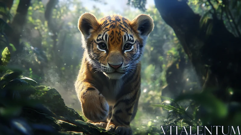 Young jungle tiger pads through dreamlit emerald shadows.
