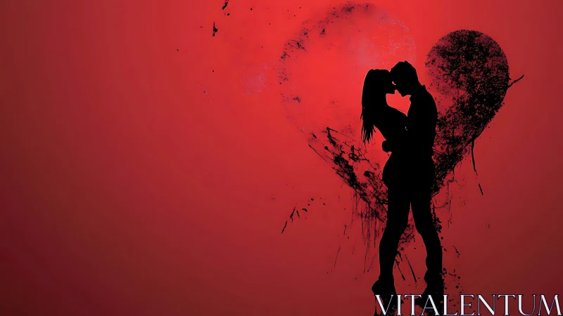 Silhouetted Couple Embracing Against Deteriorating Heart Shape Rendered in Red