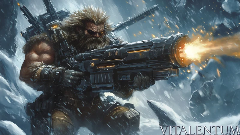 Armored bearded gunner fires heavy plasma rifle in blizzard