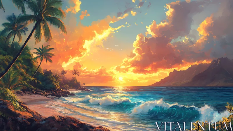 Sunlit surf crowns a tropical cove in blazing evening color.