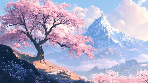 Cherry blossom tree before distant snowcapped mountain range.