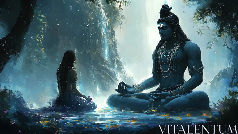 Meditating blue deity instructs seated devotee in forest pool