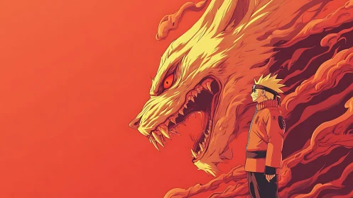 Dynamic anime composition aligns human figure with fiery beast