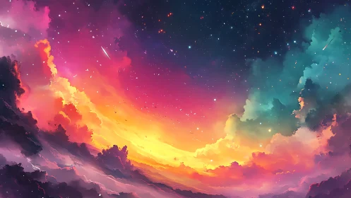 Nebula-lit sunset sky melts into a luminous cosmic horizon