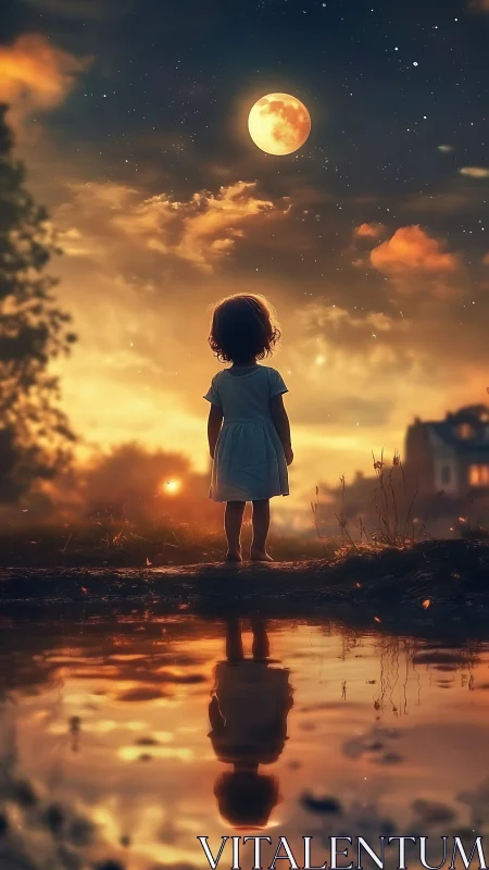 Child silhouette at dusk gazing toward luminous harvest moon.