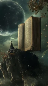 Cloaked figure faces giant floating book beneath looming moon