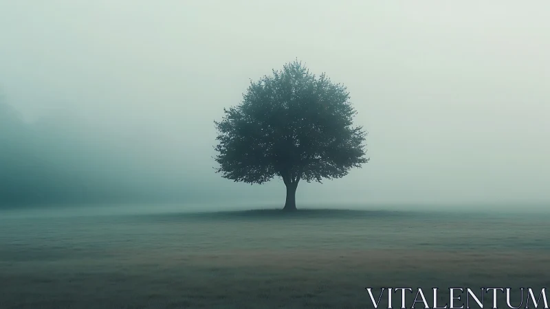 Solitary tree in luminous teal morning fog field scene.