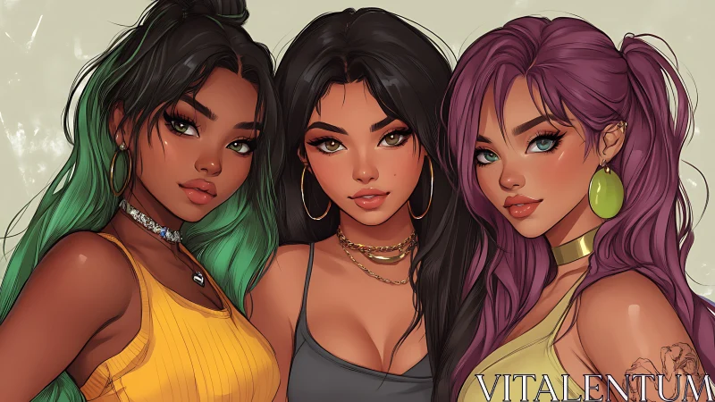 Trio of stylish friends glowing in soft, sunlit confidence.