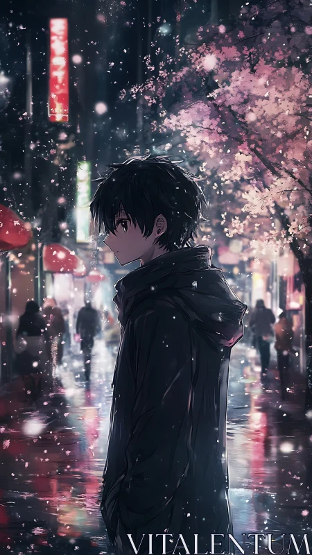 Young figure under cherry blossoms in illuminated city street.