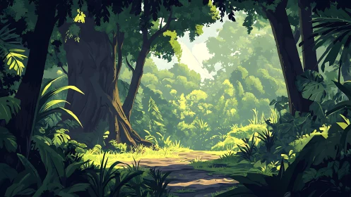 Dense forest interior with luminous clearing and layered canopy depth