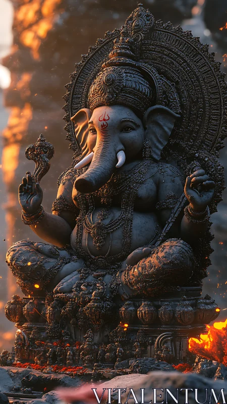 Detailed Ganesha statue in warm dramatic lighting scene.