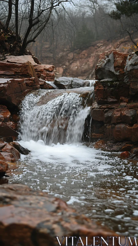 Gentle woodland waterfall over rust red canyon rocks.