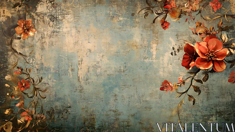 Weathered blue wall welcomes graceful red floral blooms