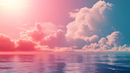 Neon dusk clouds over reflective calm ocean horizon.