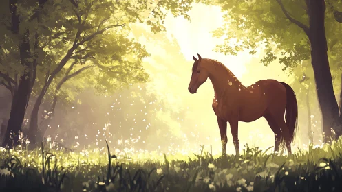 Sunlit chestnut horse stands quietly in a glowing forest meadow