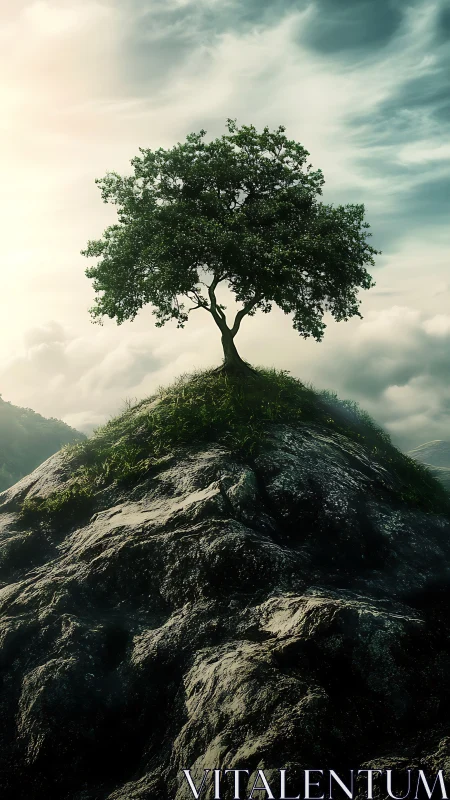 Solitary hilltop tree under dynamic stratiform skyscape.