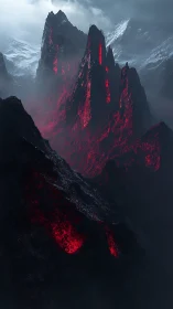 Jagged volcanic peaks burn crimson through the icy mist