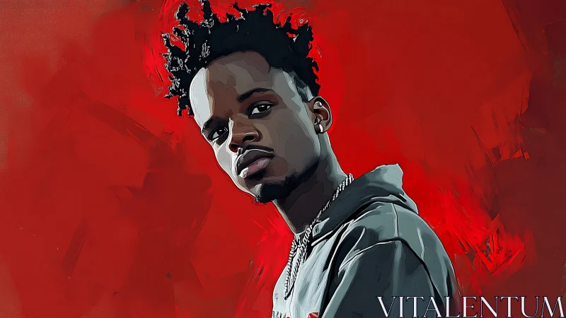 Scarlet echoes crown a calm gaze in stylized portrait