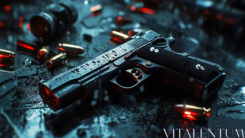 Wet tactical pistol on neon lit surface with scattered ammo.