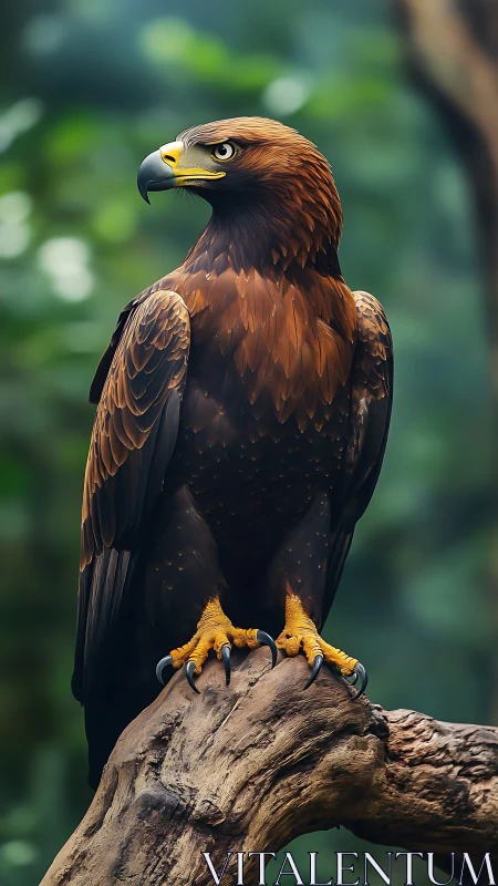 Golden eagle perched on branch against soft forest bokeh.