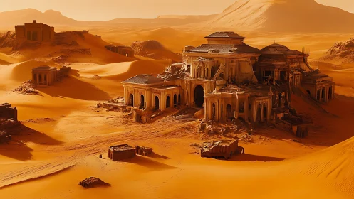 Sun-drenched desert palace ruins cradled by soft dunes.