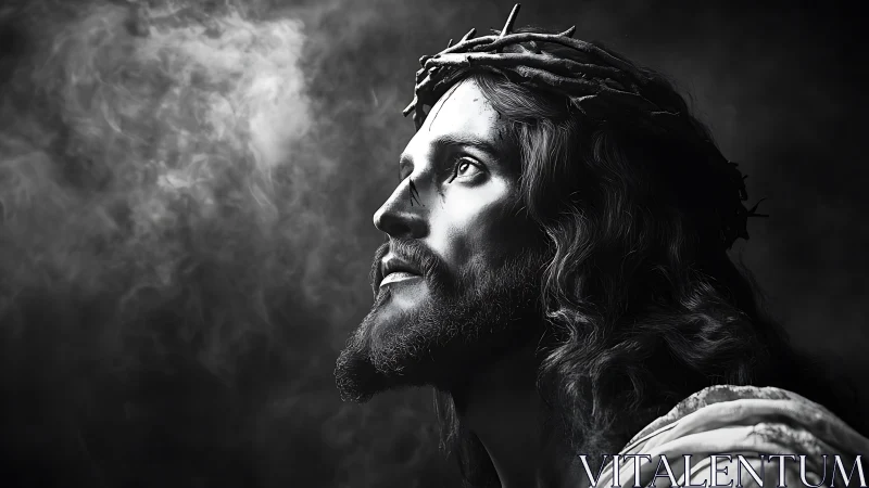 Side profile of robed man in crown of thorns, smoke background.