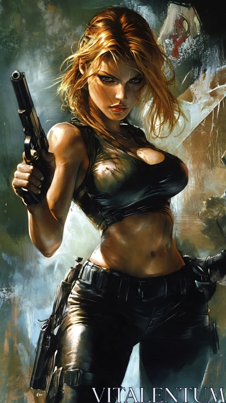 Ballistic operative in dynamic chromatic gunfight tableau.