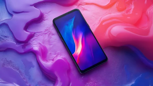 Sleek smartphone on vibrant abstract background, modern digital art.
