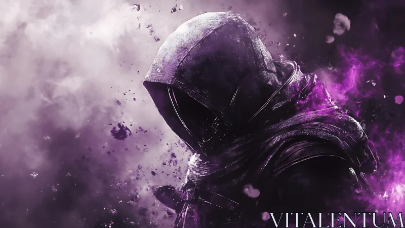 Hooded figure rendered in purple smoke and particle debris