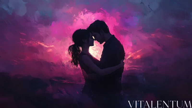 Silhouetted Couple Embracing in Vibrant Magenta Nebula.