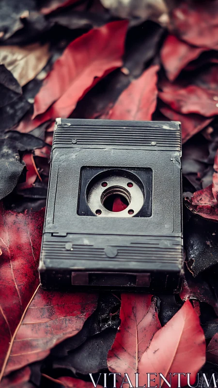 Vintage camera body on crimson leaf background.