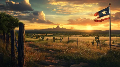 Sunlit prairie with lone star flag and distant skyline.