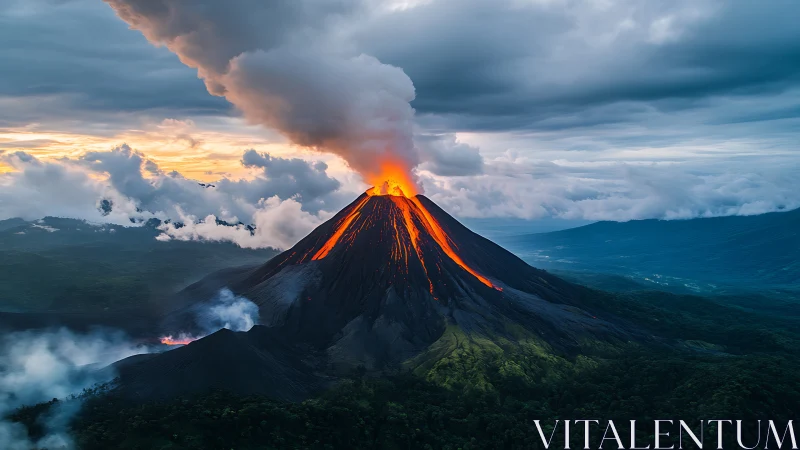 Stratovolcano eruption with incandescent lava flows at dusk.