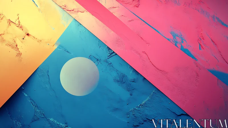 Vibrant geometric shapes cut across textured color fields