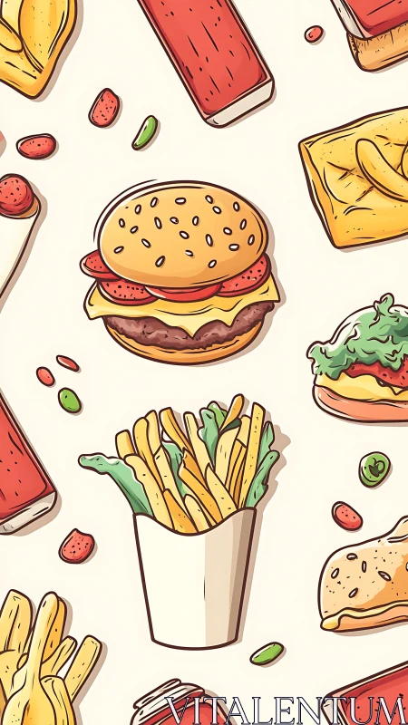 Playful fast food pattern shows burger, fries, drinks