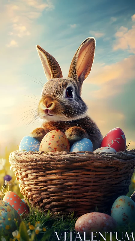 Rendered rabbit positioned behind woven basket of eggs outdoors