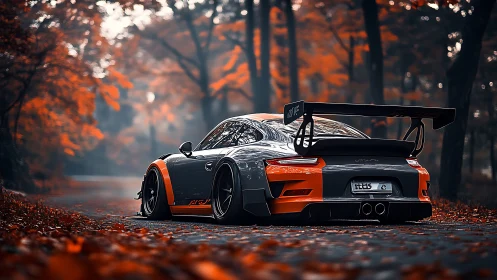 Modified sports coupe on forest road in autumn light.