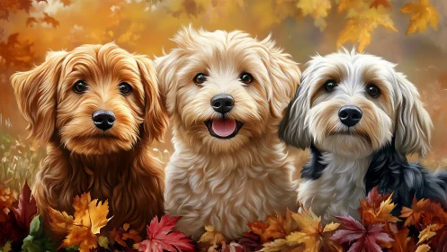 Three fluffy dogs pose amid glowing autumn leaves together.