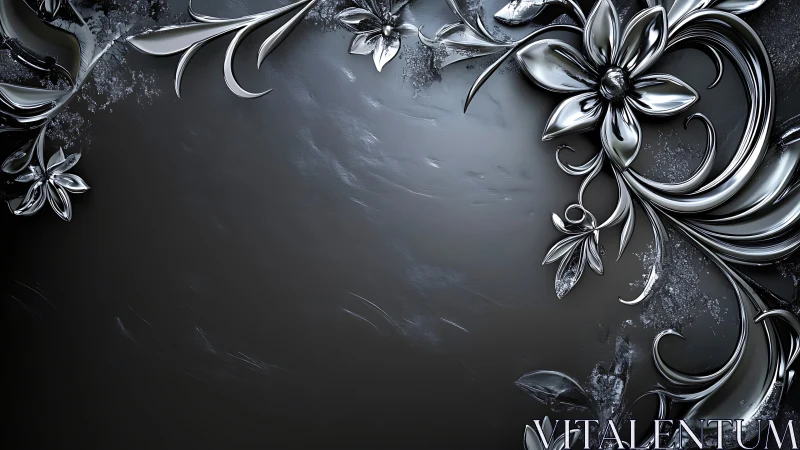 Silver metallic floral scrollwork glows on dark background.