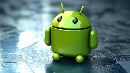 Glossy green robot mascot stands on reflective metal floor.