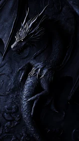 Dark scaled dragon curled against carved stone wall.