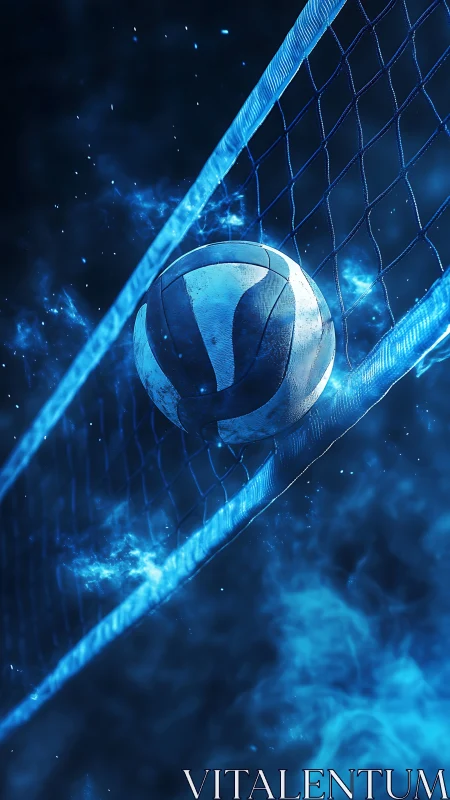 Glowing blue volleyball soaring through a net of bright sparks.