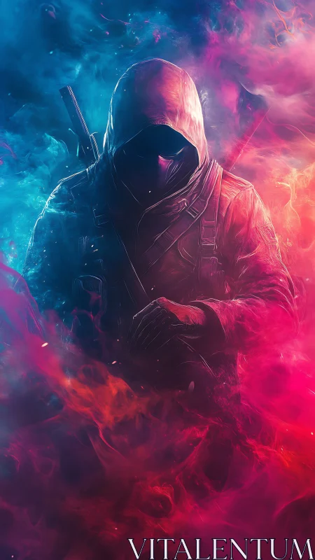 Hooded cyber assassin emerges through neon smoke storm.