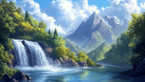 Sunlit mountain falls and river dreaming beneath bright skies.