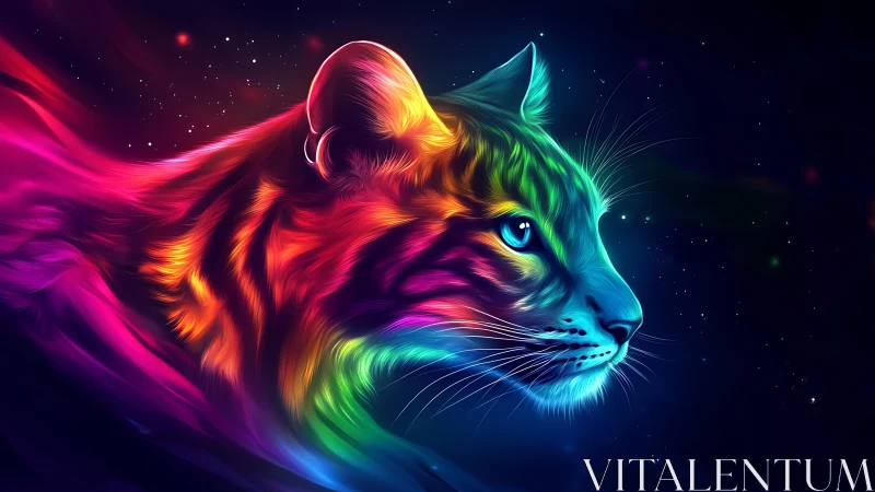 Neon spectrum tiger profile rendered on dark cosmic field.
